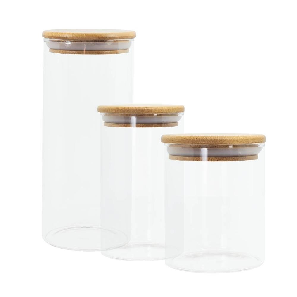 Potes de Vidro P/ Mantimentos C/ Tampa Bambu Oikos - 3 Pçs