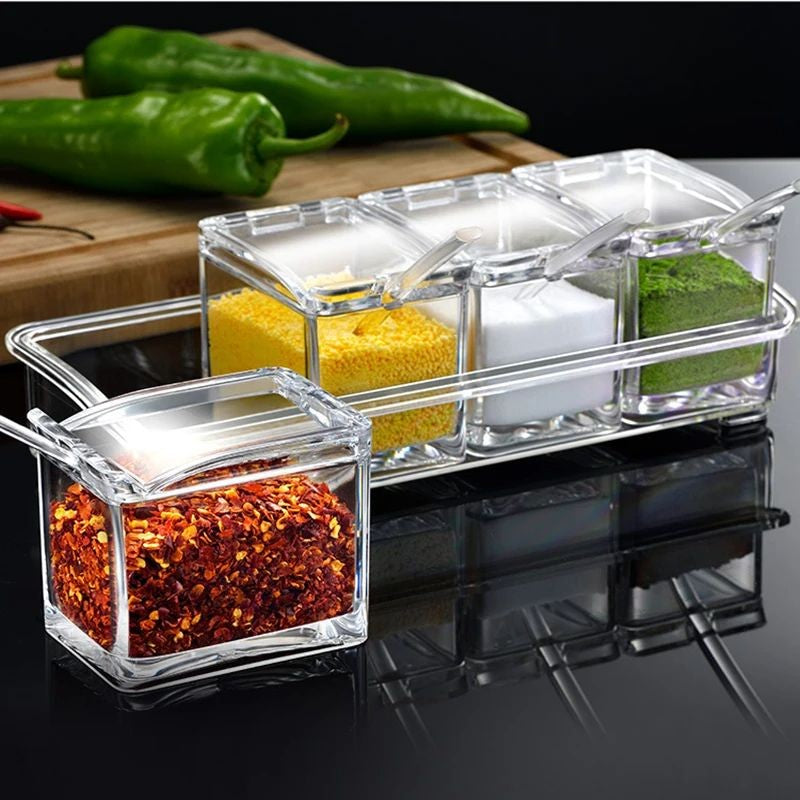 Porta Tempero Condimentos Organizador 4 Potes com Colher Destinatário Sal, Açúca