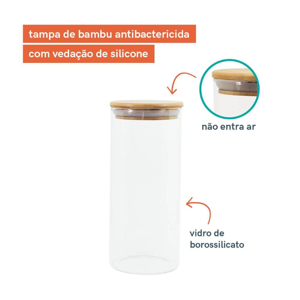 Potes de Vidro P/ Mantimentos C/ Tampa Bambu Oikos - 3 Pçs