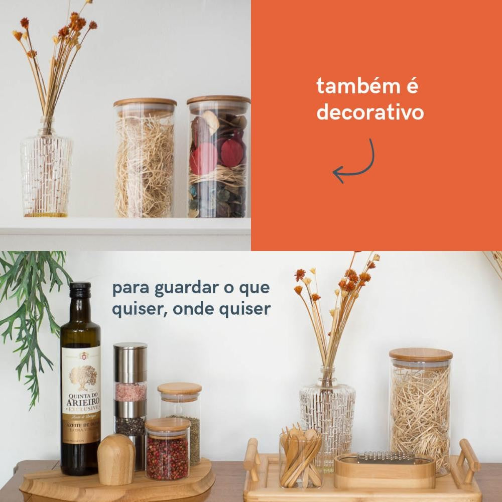 Potes de Vidro P/ Mantimentos C/ Tampa Bambu Oikos - 3 Pçs